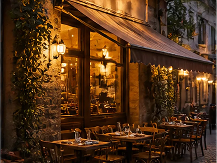 The Tfaddalo storefront off Armenia Street at dusk, tables set outside