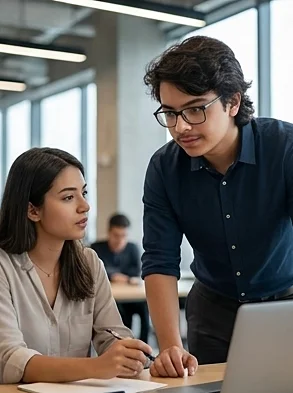Zakaria mentoring two young builders at a laptop