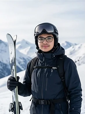 Zakaria on a snowy summit holding skis