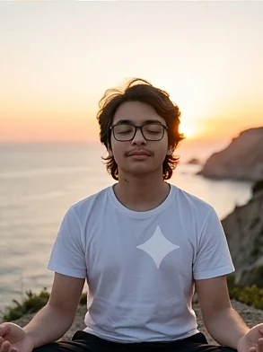 Zakaria meditating on a cliff at sunset