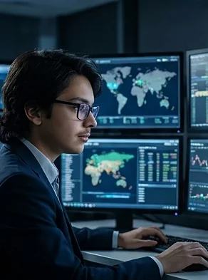 Zakaria at a desk of monitors tracking global markets